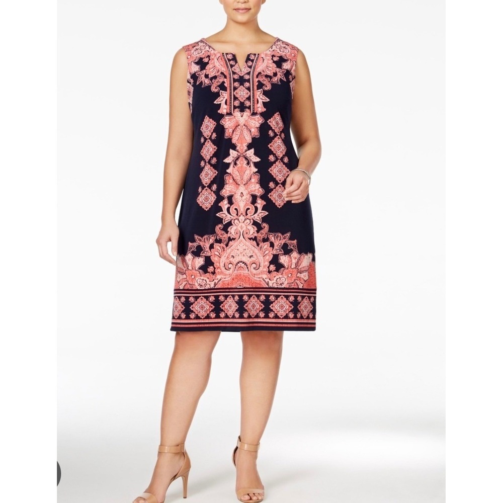 JM Collection Woman 2X Navy Blue Coral Paisley Sleeveless Shift Dress Studded V